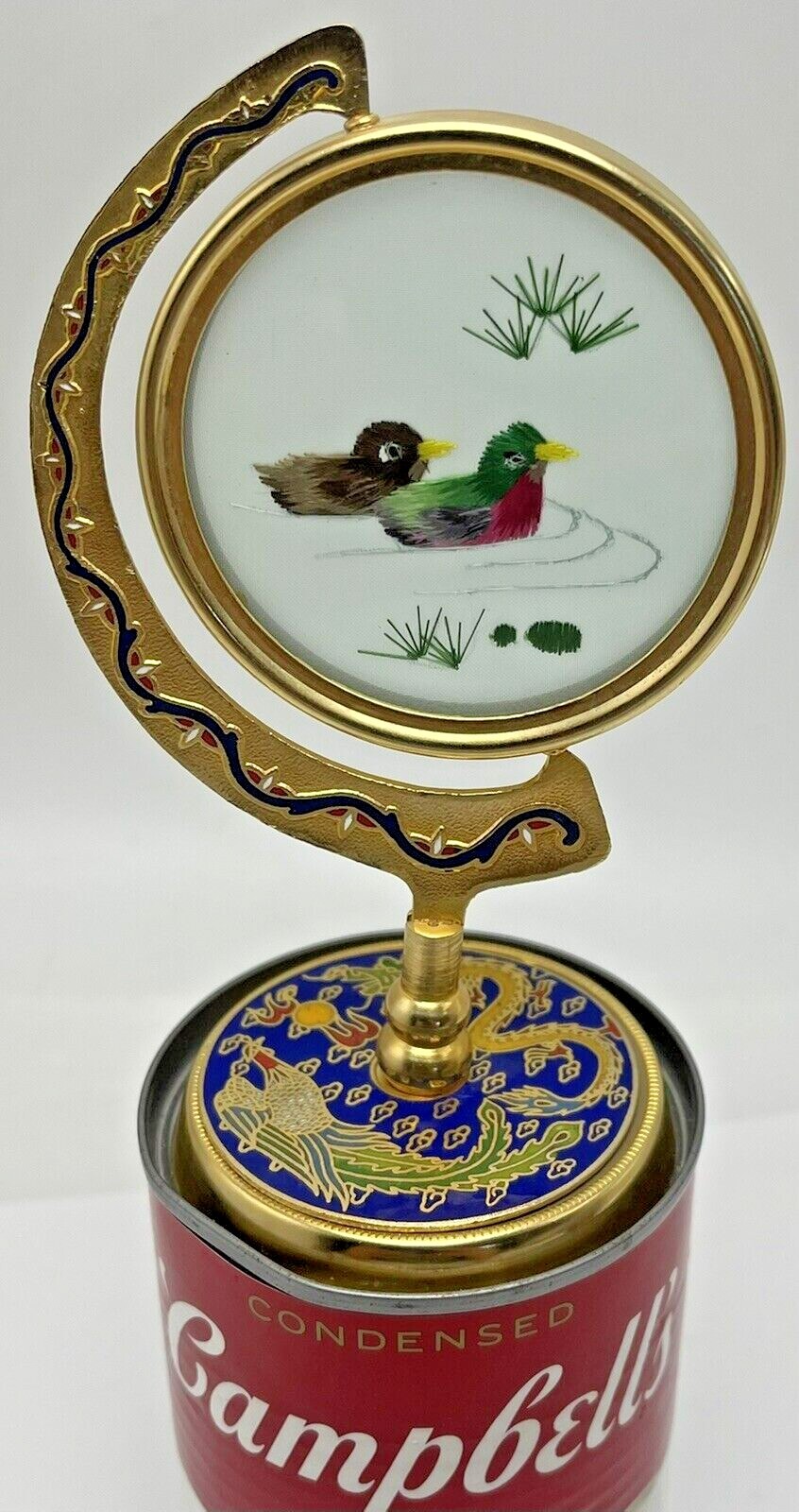 Asian Embroidered Silk Ducks in Brass Cloisonne Rotating Frame Painted Enamel