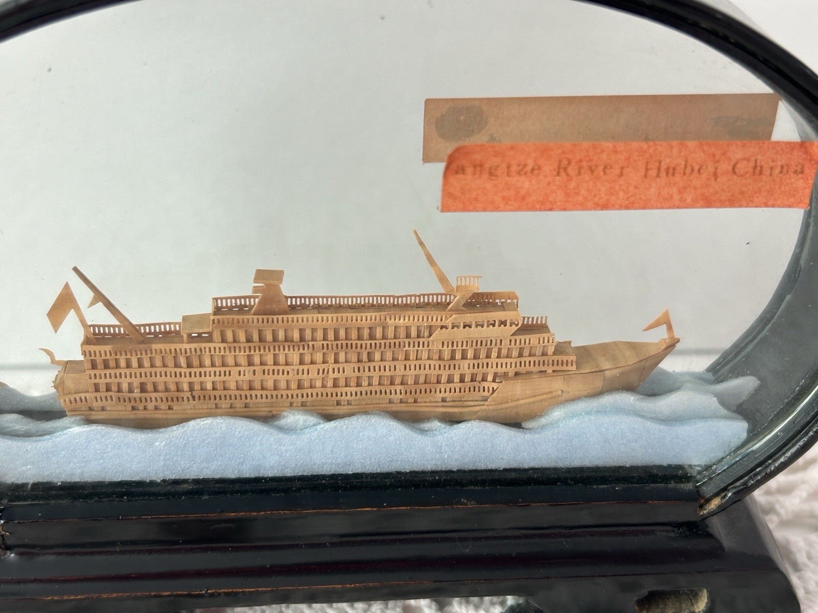 VINTAGE ASIAN Encased Ship Carved Cork Wood Stand Yangzi River Hubei China
