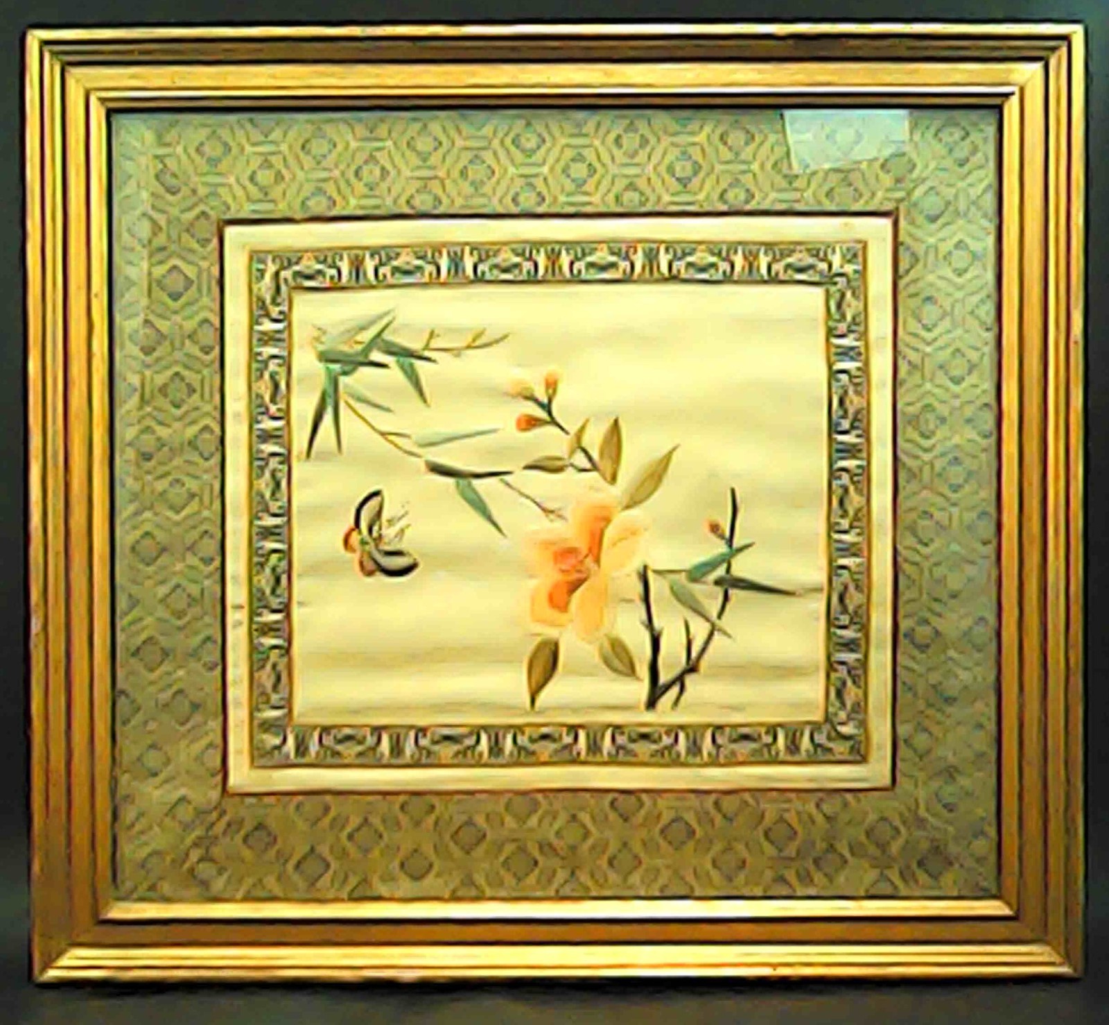 Silk Needlepoint Butterfly And Flower, Framed & Matted 14.5″ x 13″