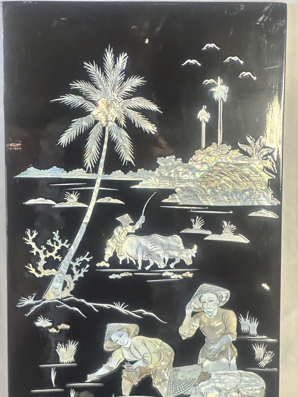 Chinese Wall Art Mother Of Pearl On Black Lacquerware 23.58” Tall 11 3/8” Wide