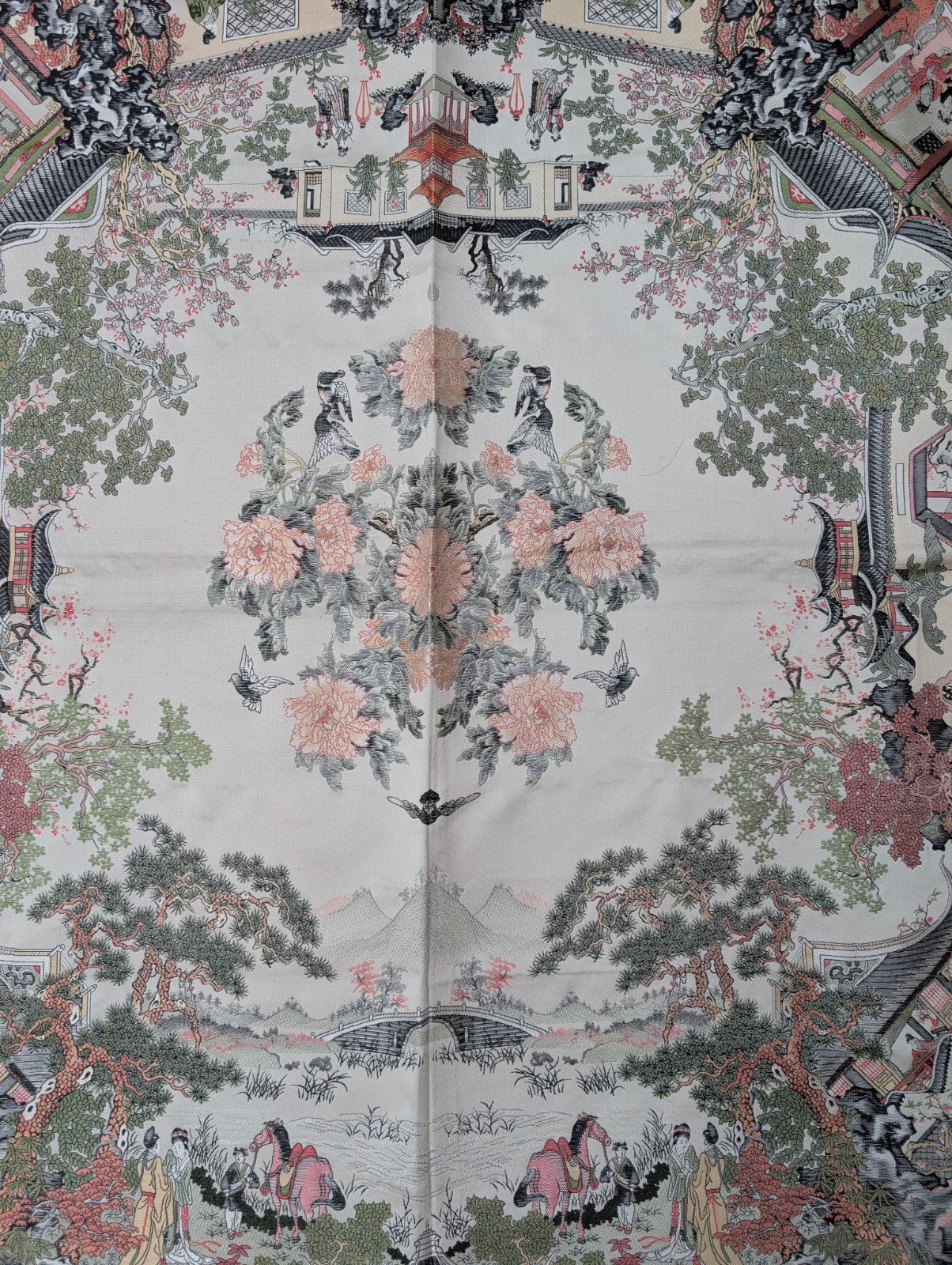 Vtg Chinese Silk Tapestry Tablecloth Fringe 37×37 Chinoiserie by Brocaded Flower