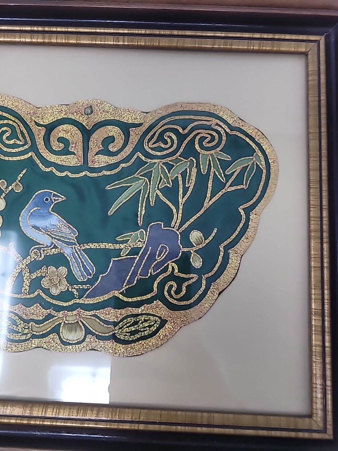 Two Framed Vintage Golden Cloud Green Chinese Hand Embroidered Panel
