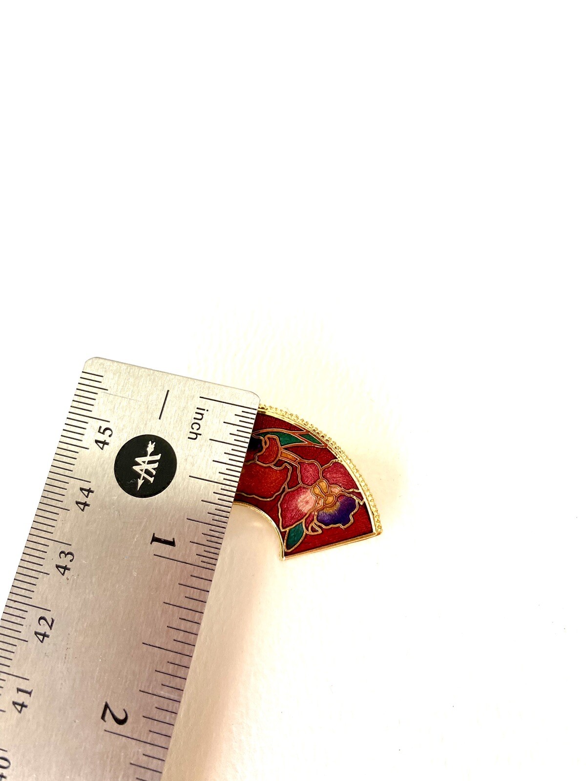 VTG Chinese Cloisonne Purple 2″ Floral Red Enamel Fan Shape Brass Gold Border