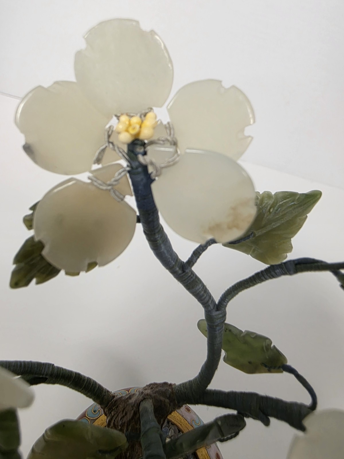 Asian Bonsai Tree Blossom Cloisonne Floral Pot White And Green Stone Jade?
