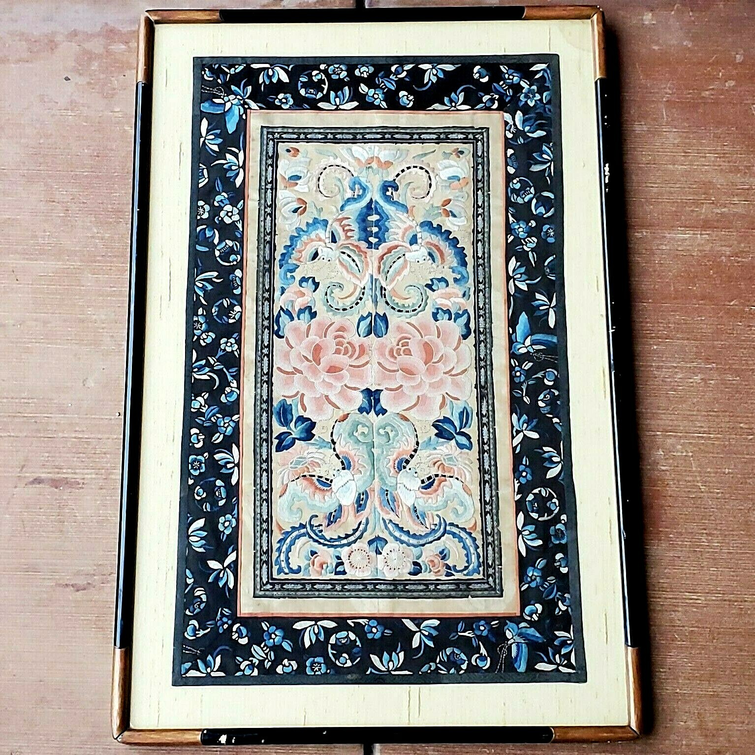 Vintage Framed Asian Embroidered Moths & Chrysanthemum Panel 17.2 x 26.25 Inches