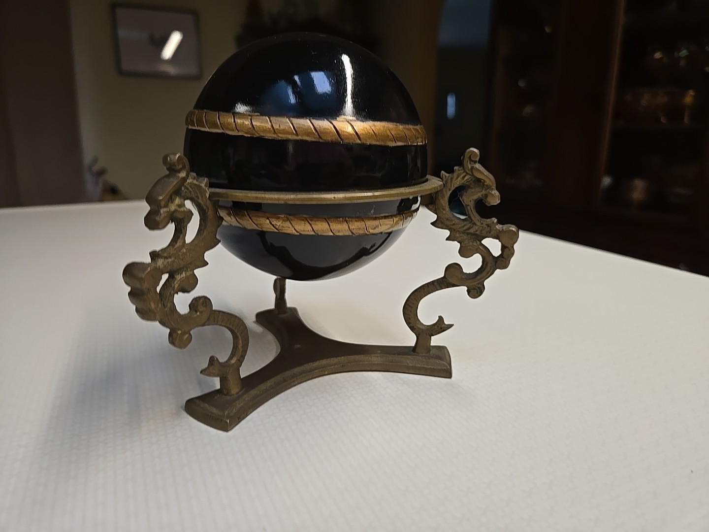 Vintage Brass 3 Dragon Sphere Stand With Hand Painted Black Wooden Ball RARE