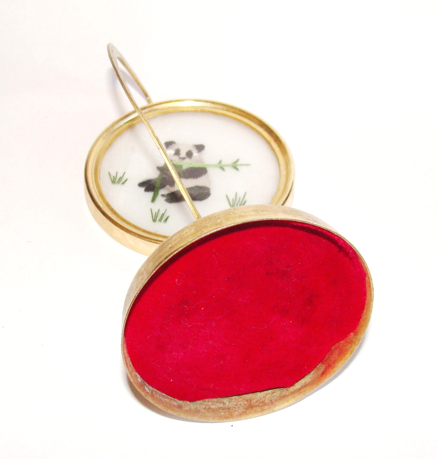 Vtg Chinese Embroidery Suzhou Silk 2-Sided Panda Enamel Cloisonne Spinning Stand