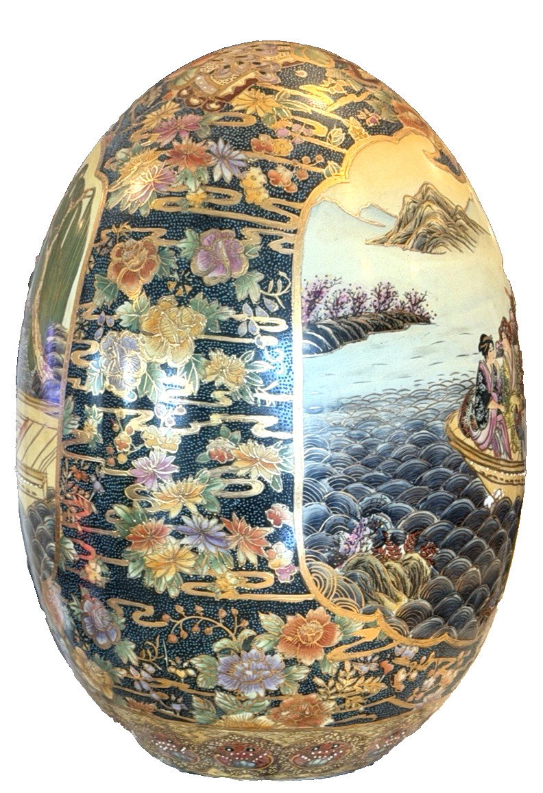 Vtg Satsuma Large Ceramic Egg Gold Trim Geisha Boat Landscape Hand Painted 18″