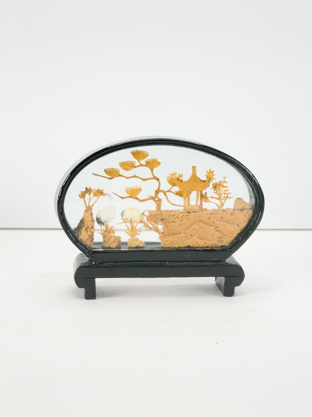 4 Vintage Chinese Cork Carving Dioramas Glass Case Pandas Birds Pagoda Art