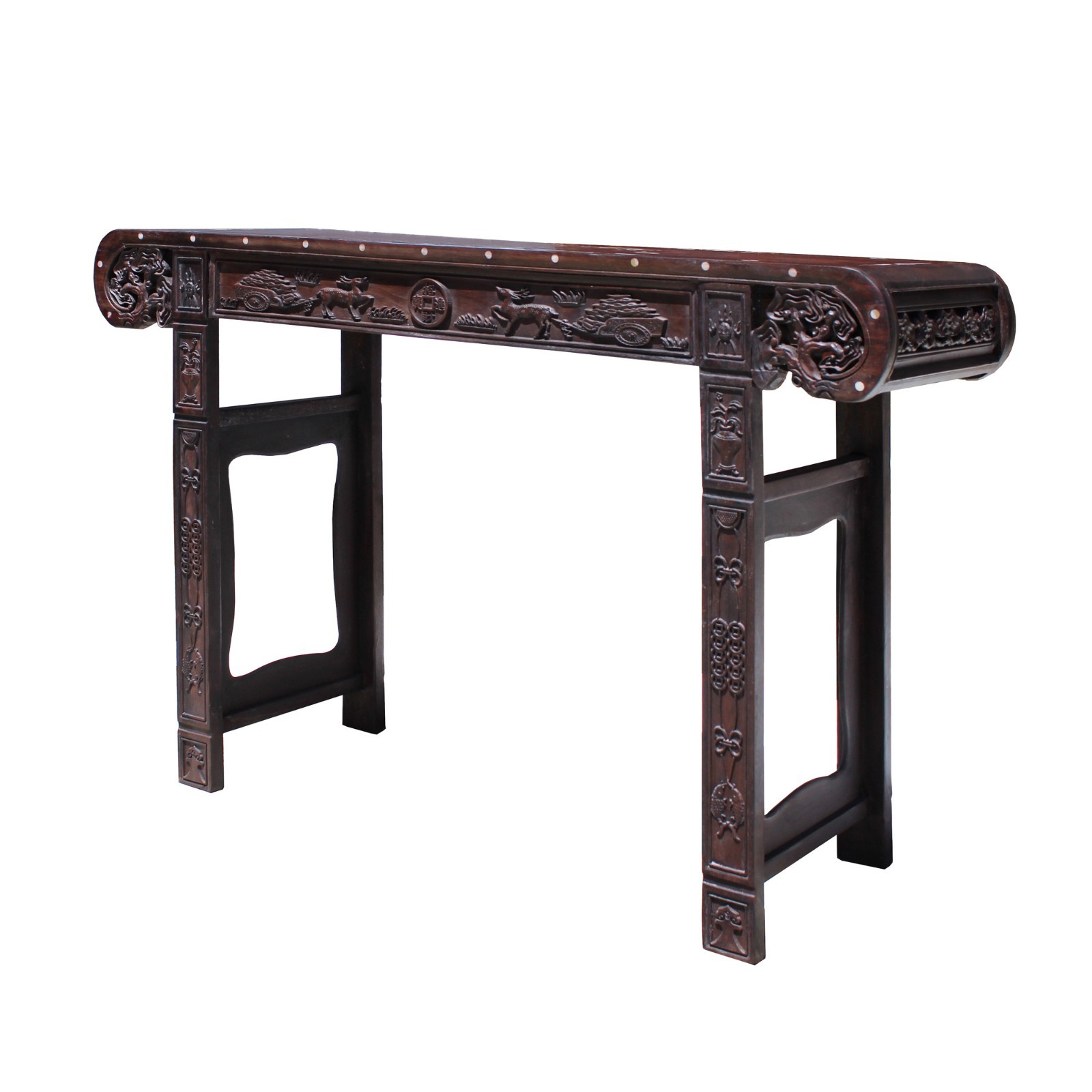 Chinese Brown Huali Rosewood Scroll Inlay Deer Fortune Motif Altar Table cs4227