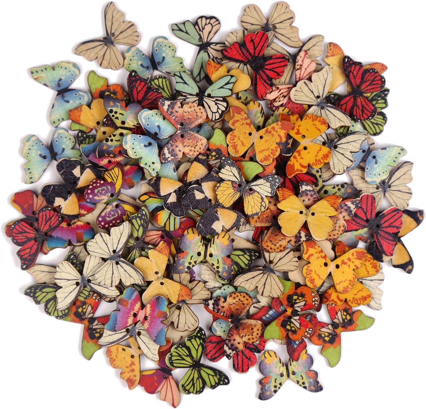100 PCS Butterfly Wooden Buttons,1 Inch Colorful 2 Holes Mixed Decorative Button