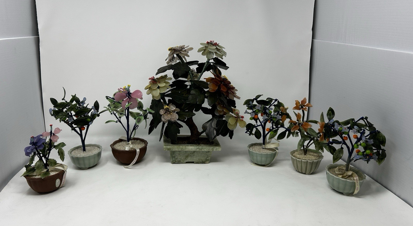 Vintage Chinese Jade Glass Bonsai Tree Lot of 7 Pink Quartz Flowers Pots⁠