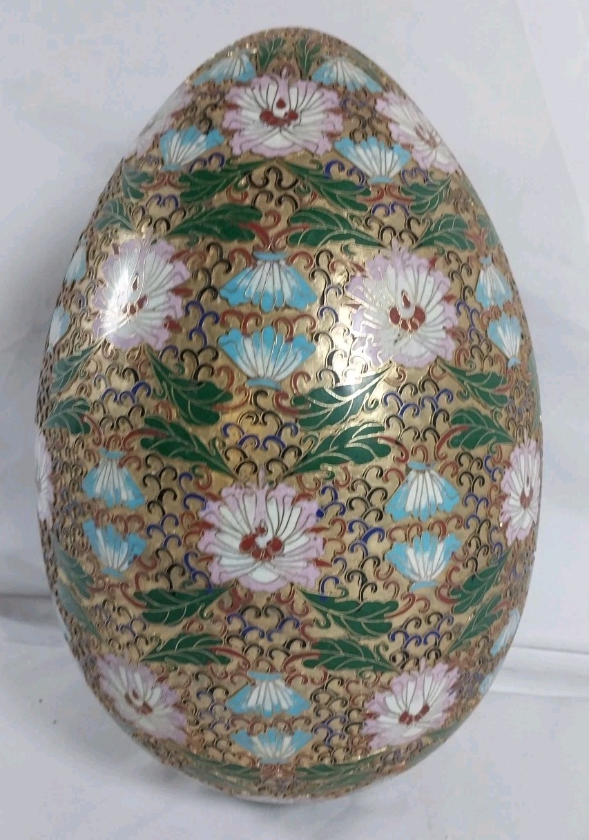 Cloisonne Egg, Large, 14″ H w/stand, 9.5″W, Multicolor Enamel in relief