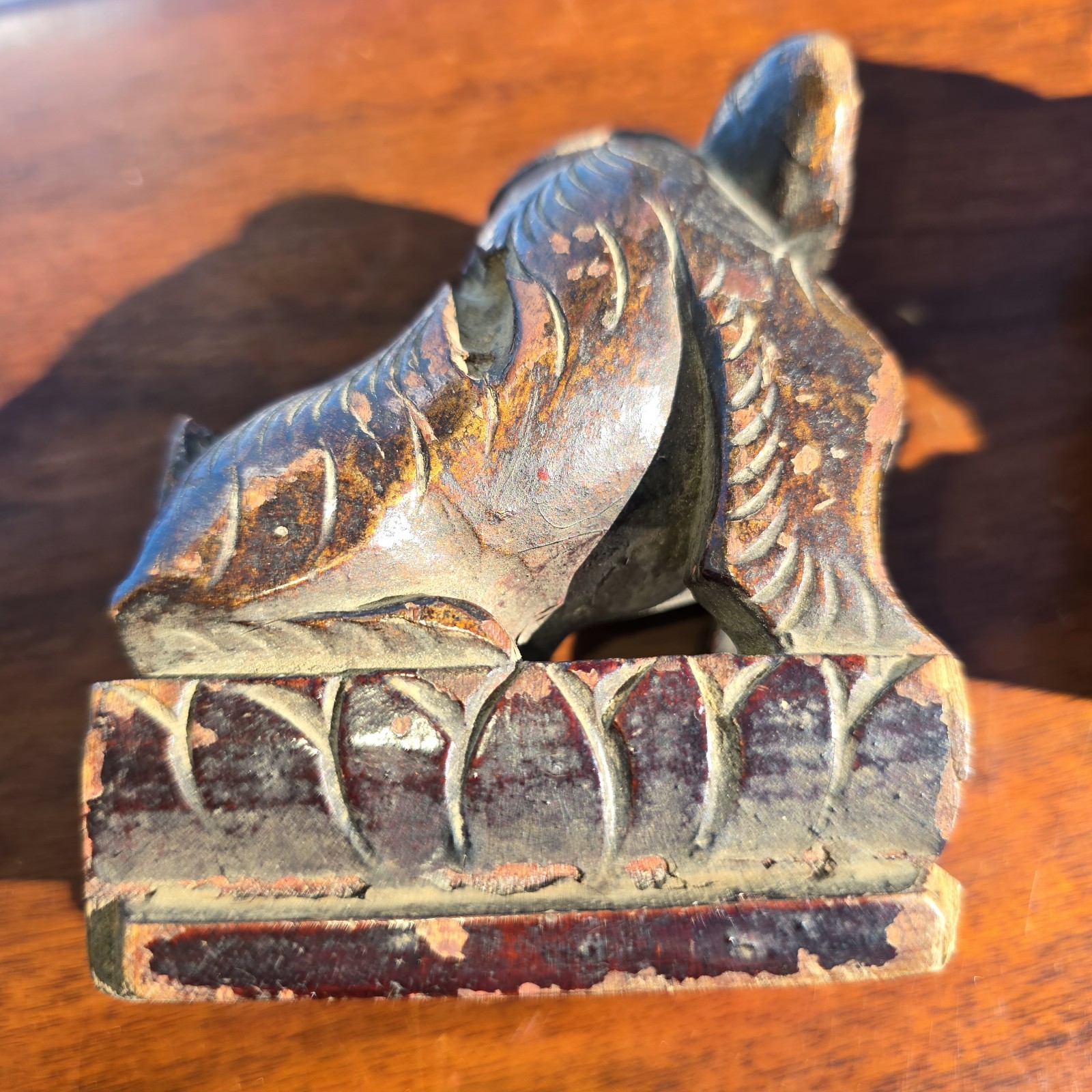Pair of Vintage Chinese Carved Wood Foo Dogs Guardian Lions Statues Bookends 7″