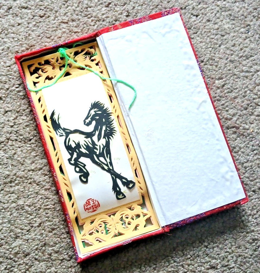 6 VTG CHINESE PAPER BOOKMARKS CUTOUTS HORSES NOS OPENWORK ORIGINAL FABRIC BOX
