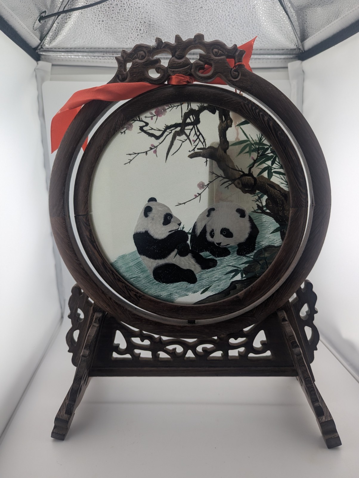Handmade Chinese Double-Sided Silk Embroidery Panda Art Wood Stand Su Zhou