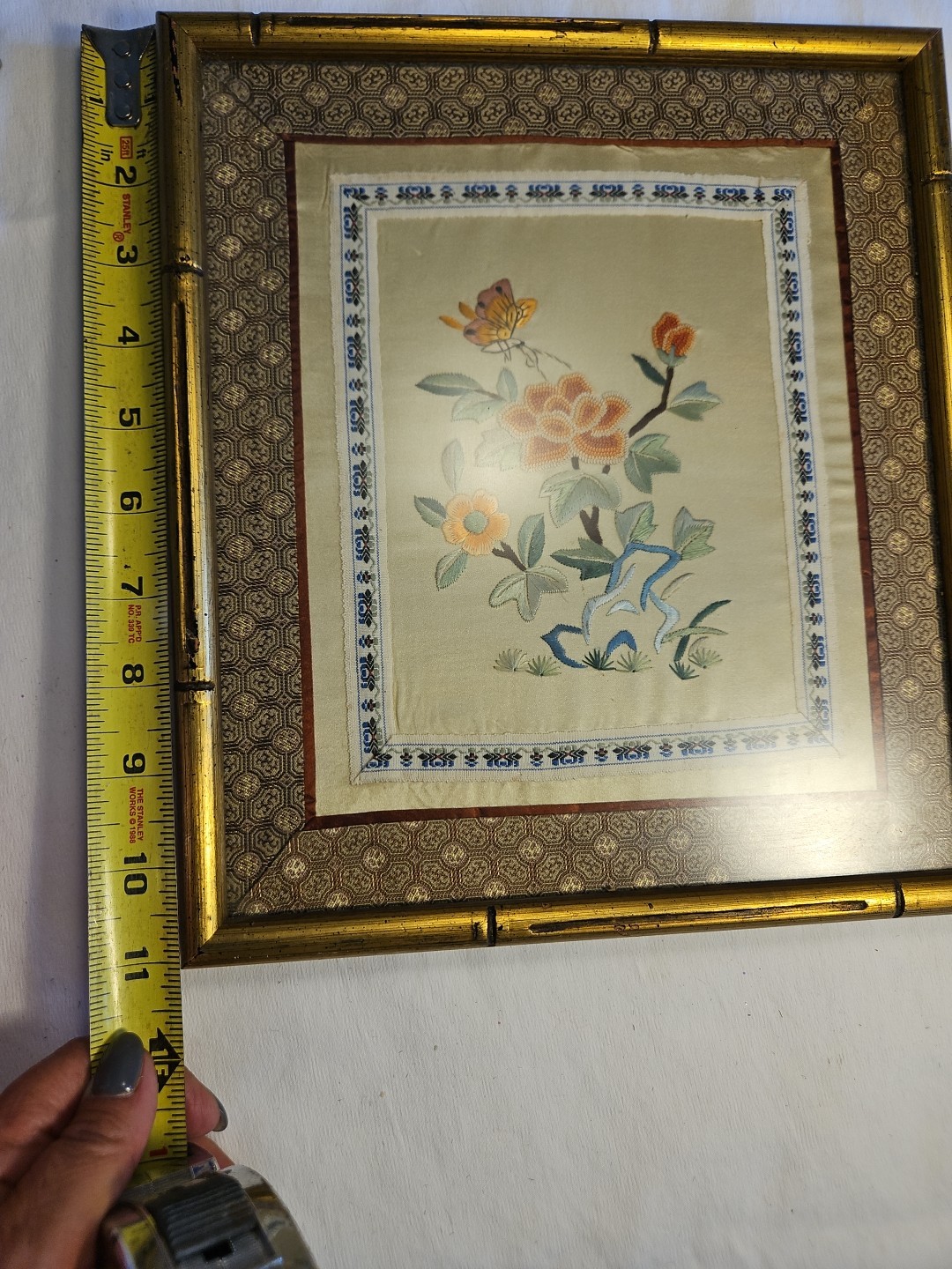 Hand Embroidered Silk Panel Flower and Pink Peach Butterfly ~ Framed Bamboo Like