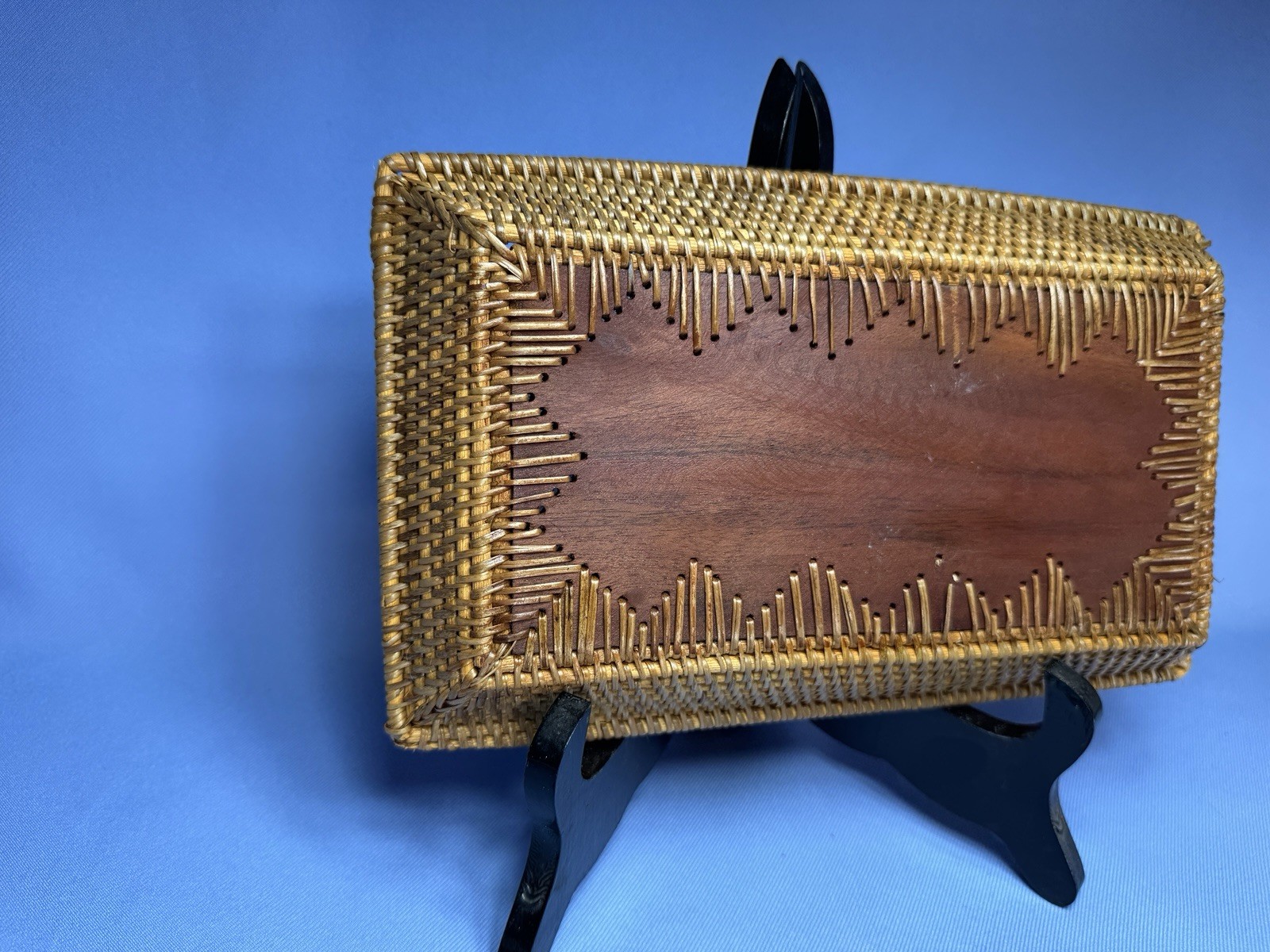 Vintage Chinese Wood Tray With Embedded Coin, Woven Sides Inlaid Wood 10x6x1