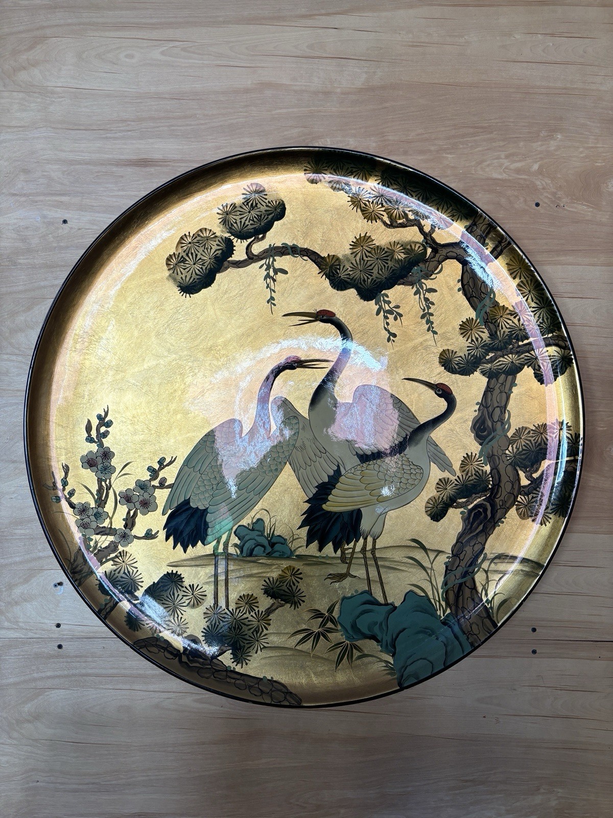 Vintage Chinese Lacquered Wood Painting Crane with Pine tree Display Tray
