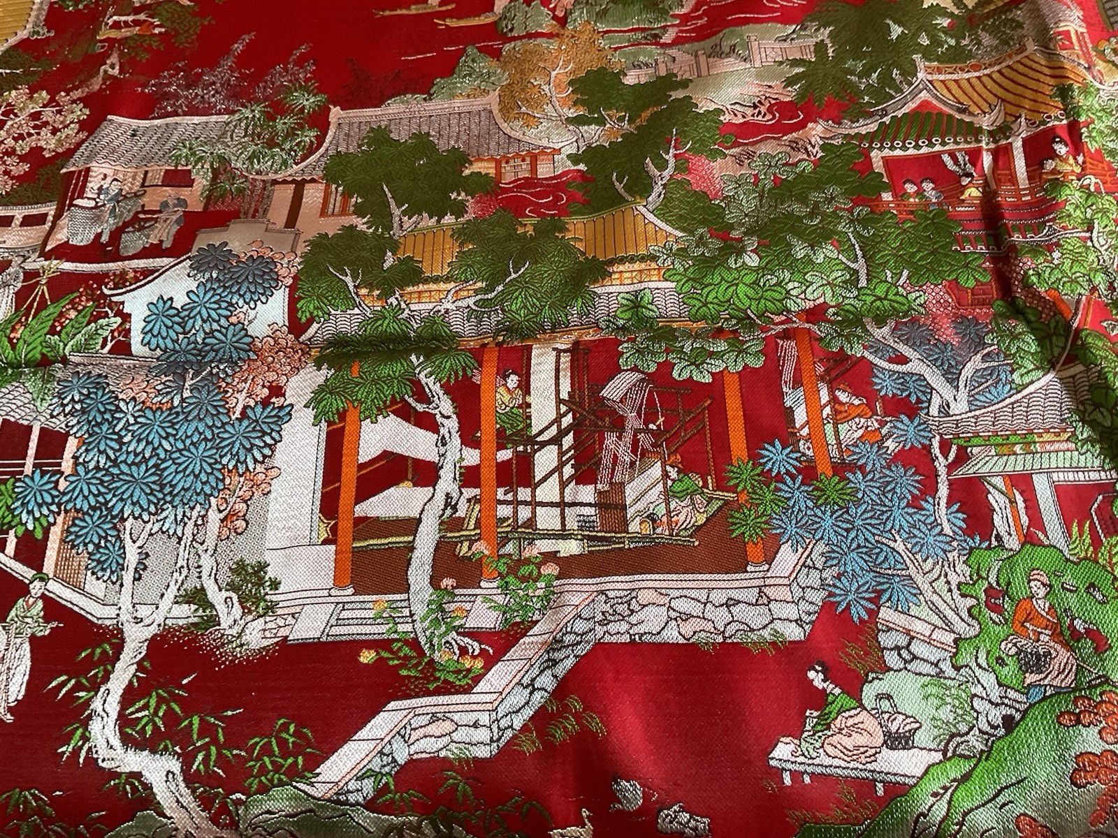 Vintage Brocaded Flowers brand Chinese Red Silk Tapestry Tablecloth 80″x54″