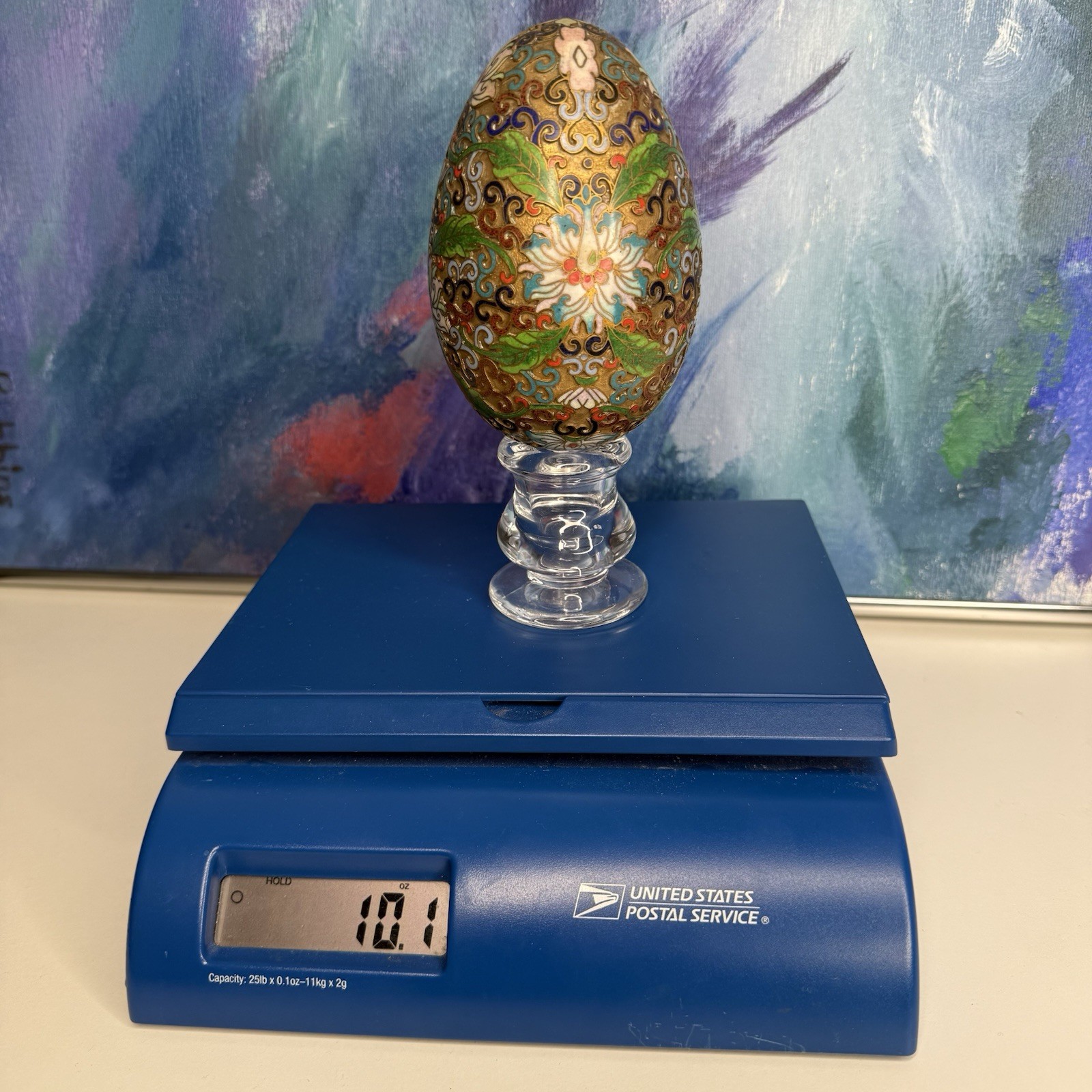 Chinese Cloisonné Metal Egg with Glass Display Stand Vintage Floral Enamel Lotus