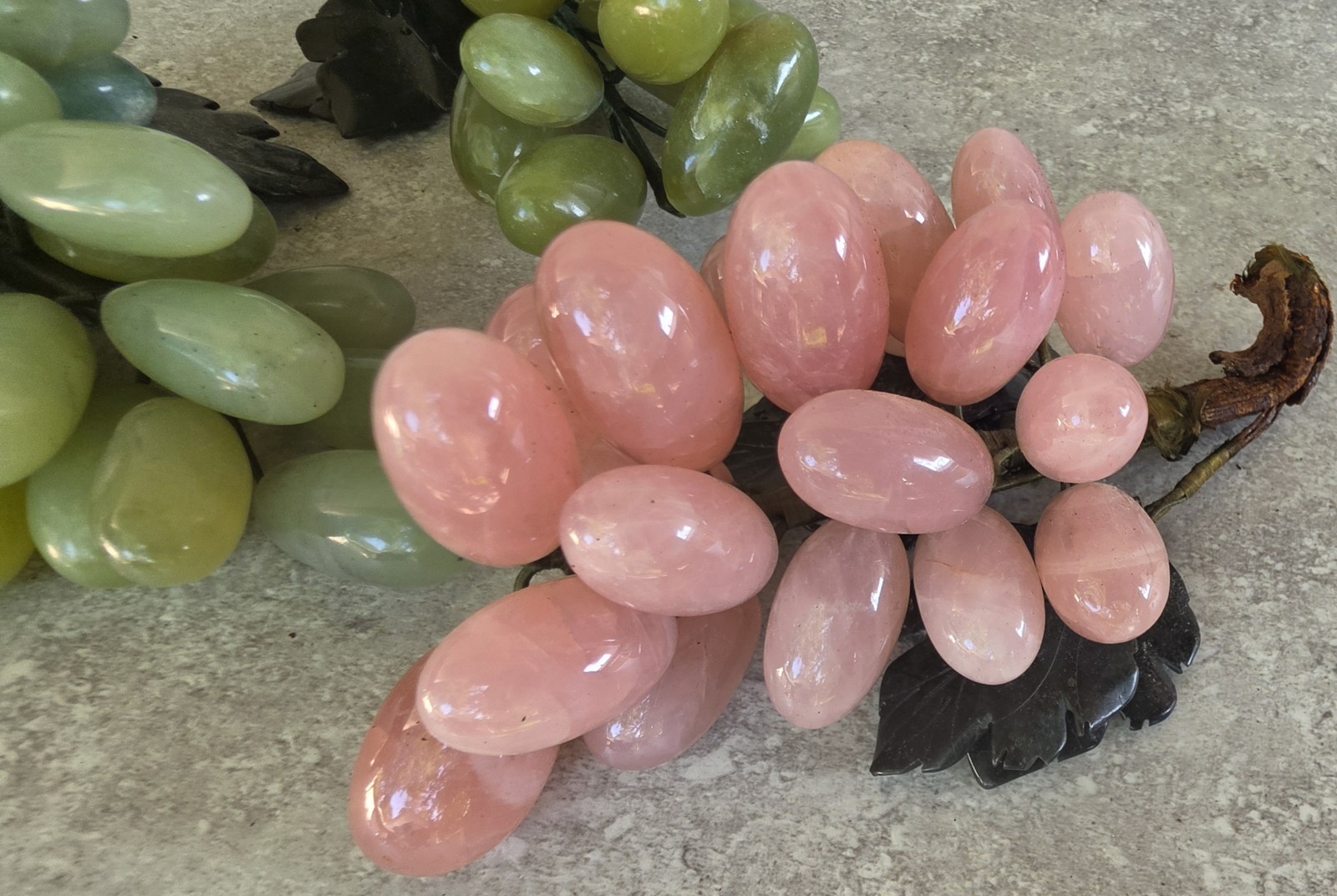 Lot 3 Vtg Green Jade Pink Quartz Chinese Stone Grape Leaf Clusters Carved Leaves
