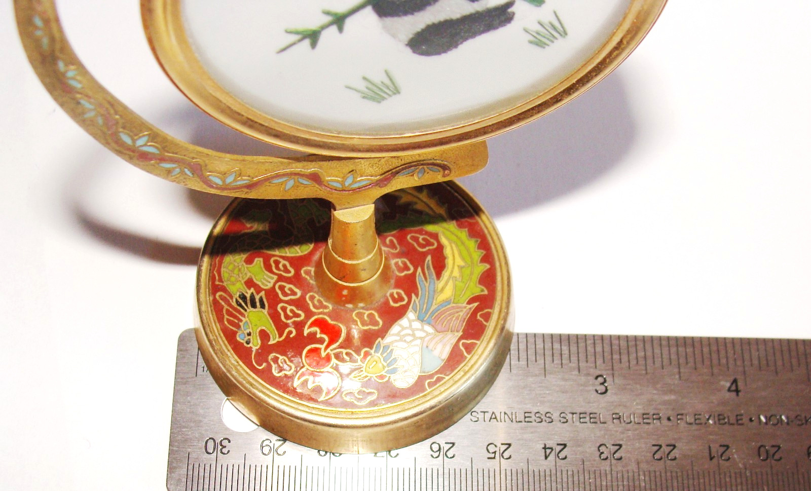 Vtg Chinese Embroidery Suzhou Silk 2-Sided Panda Enamel Cloisonne Spinning Stand