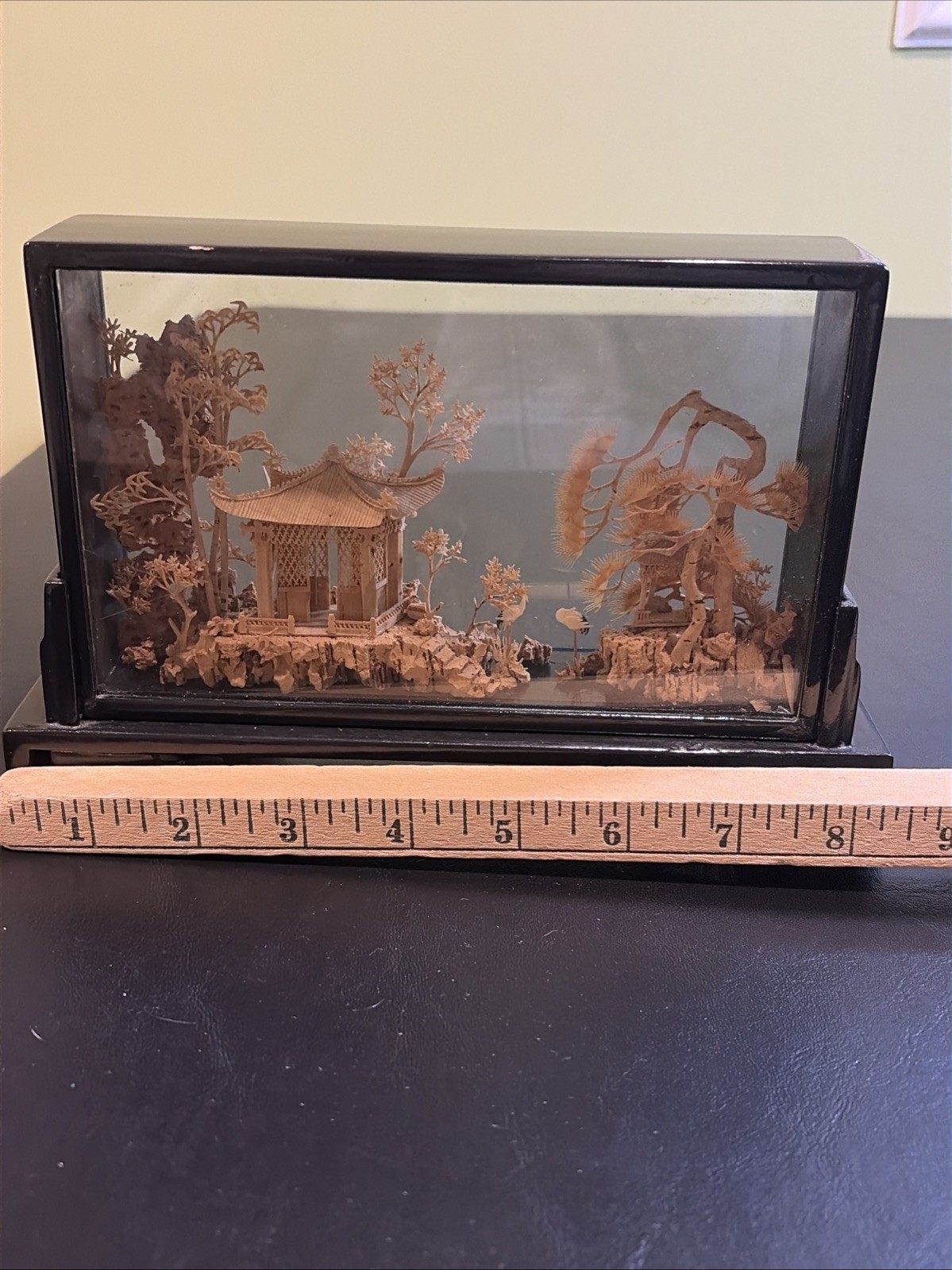 Vintage Chinese Hand Carved Cork Diorama with birds Framed Glass Wood