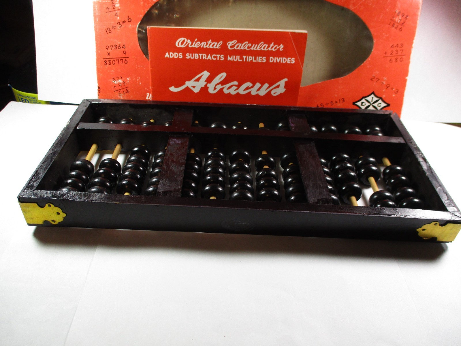 Vintage 1980’s Lotus Flower Chinese Dark Wood Abacus 91 Beads in box with manual