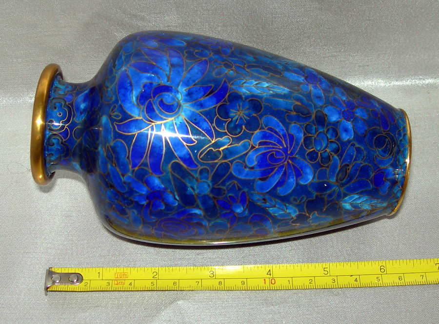 Beautiful Vintage Cloisonne Asian Vase Cobalt Blue Flowers 6.5″ Elegant!
