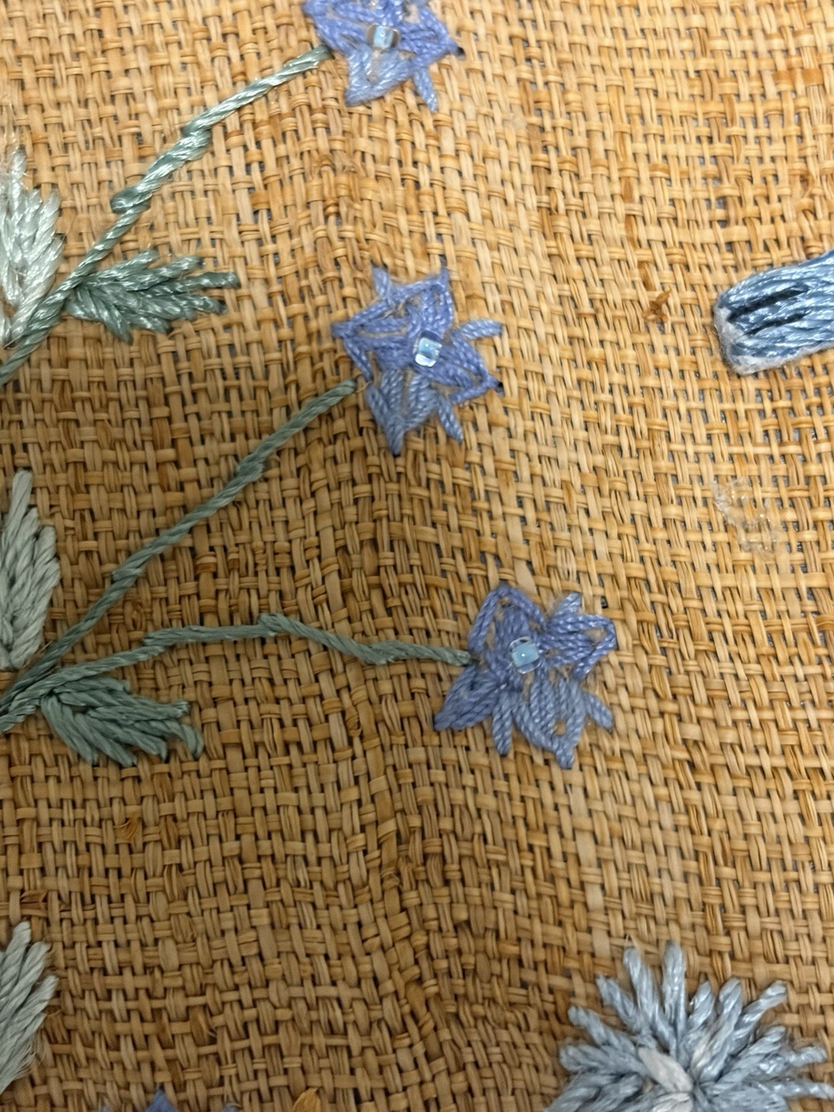 Antique Asian Embroidered Burlap Blue Bird Floral Panel 11″ Micro Bead Hemstitch