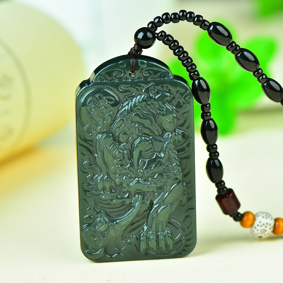Chinese Hetian Gray Jade Hand Carving Auspicious Beast Pixiu Wealth Pendant