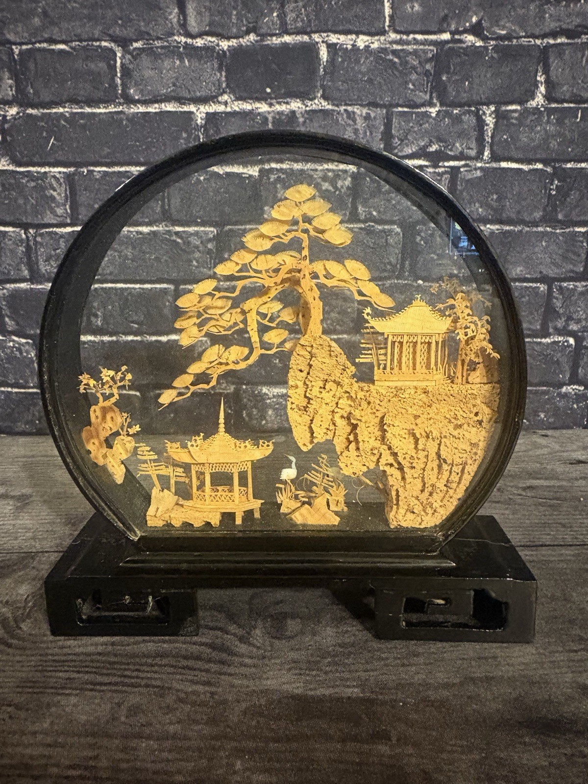 VINTAGE ROUND CHINESE CORK ART HAND CARVED DIORAMA PAGODA CRANES TREES CLIFF 9″