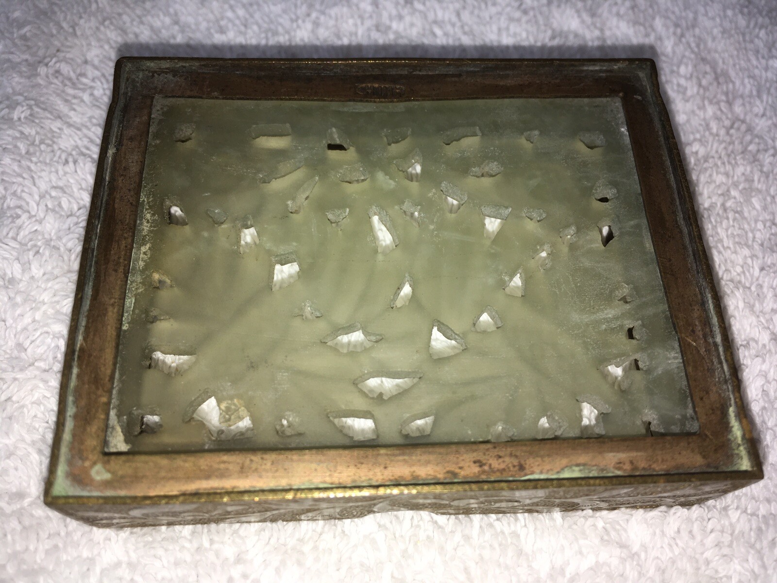 Vintage Chinese Carved Stone & Brass Ash Tray, 3” x 2-3/8” x 3/4” H