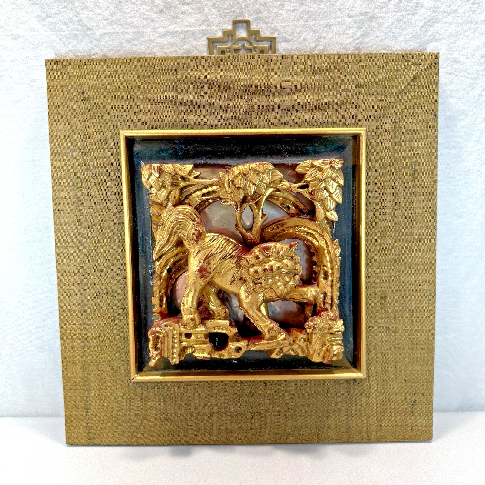 Hand Carved Antique Gilt Wood Panel from Peking 1830 Lion or Foo Dog Framed