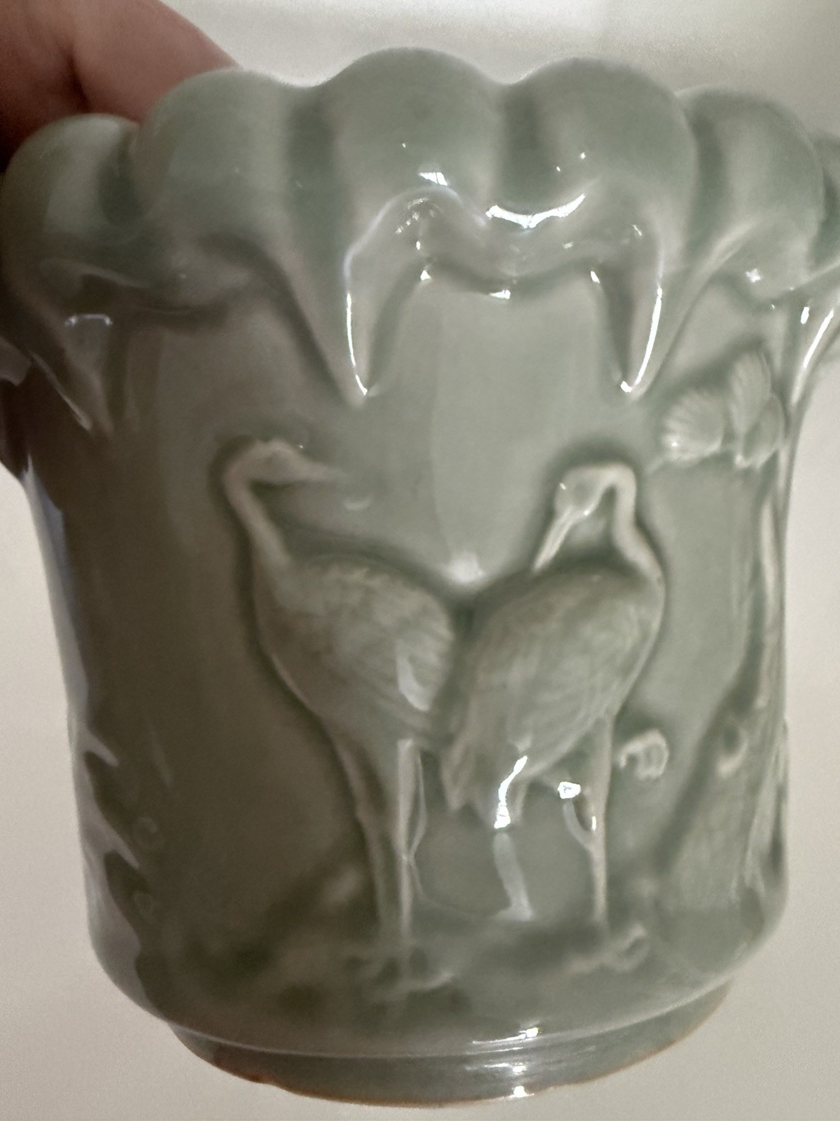 VTG Chinese Celadon Planter Pot With Scalloped Top And Tray Bonsai With Crane