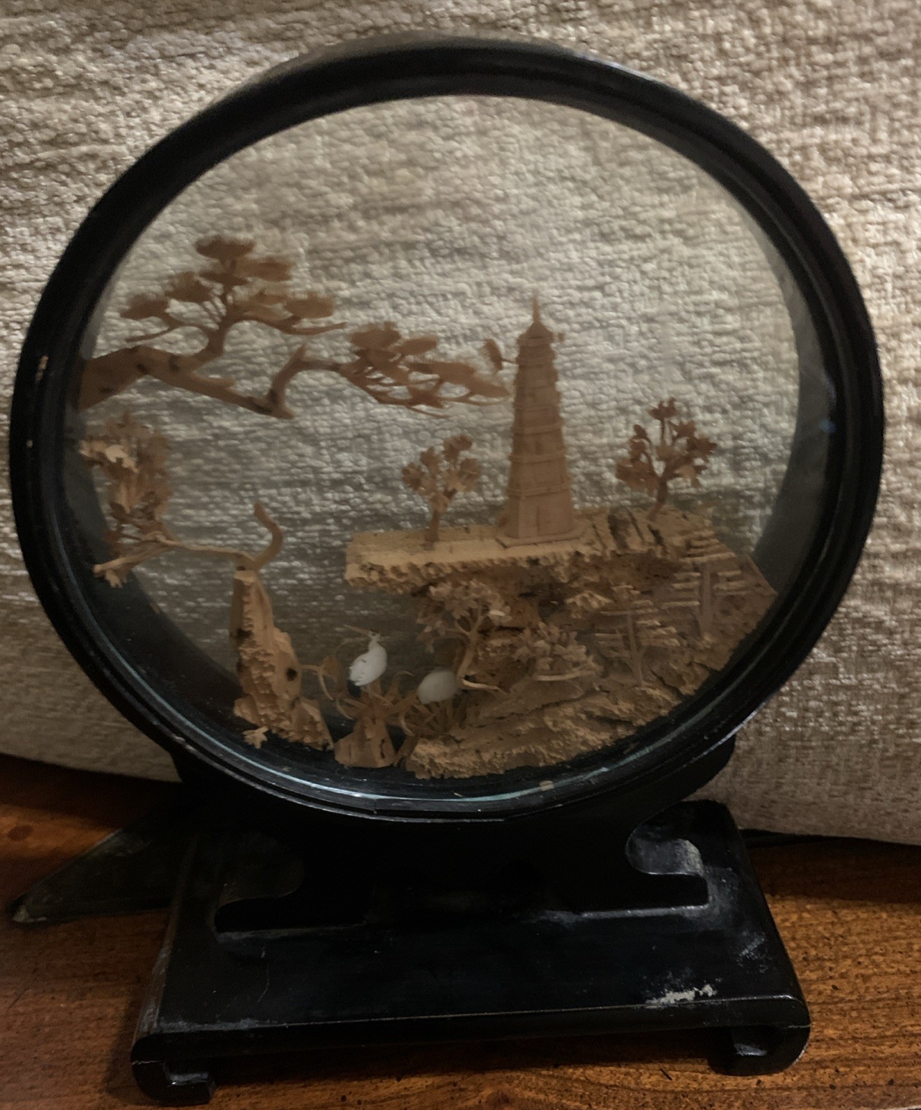 Vintage Chinese San You Cork Art Hand Carved Diorama Pagoda Cranes Trees-READ