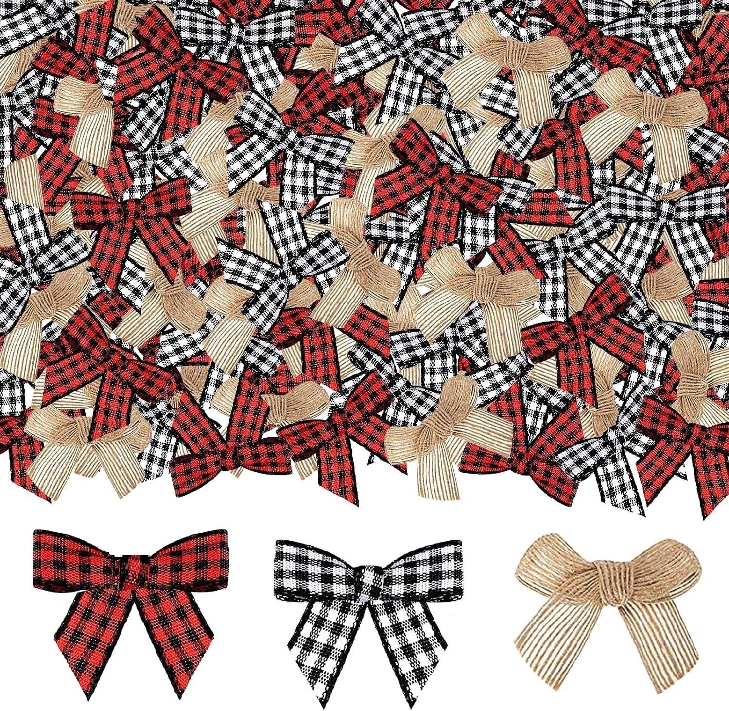 120Pcs Christmas Mini Burlap Bow Buffalo Plaid Bows for Craft, Red and Black Che