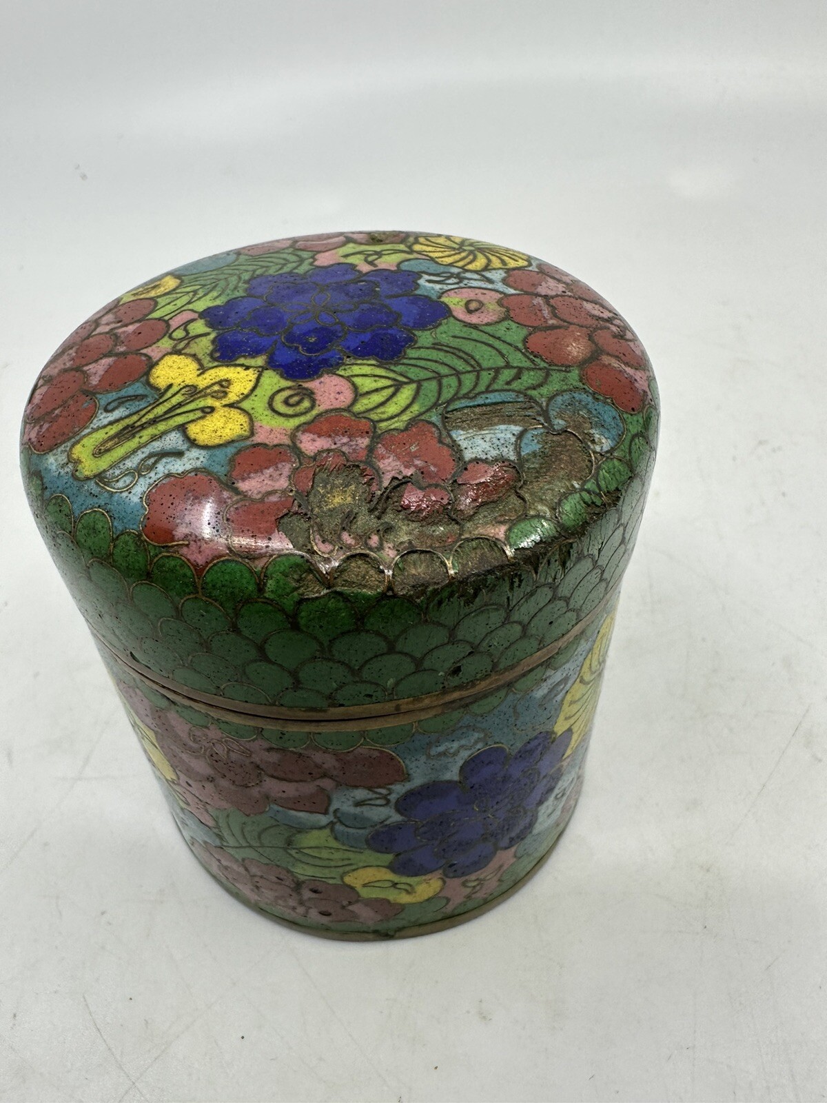 Late 1800’s Chinese Cloisonne Enamel Metal Tea Caddy W Lid Damaged Lid