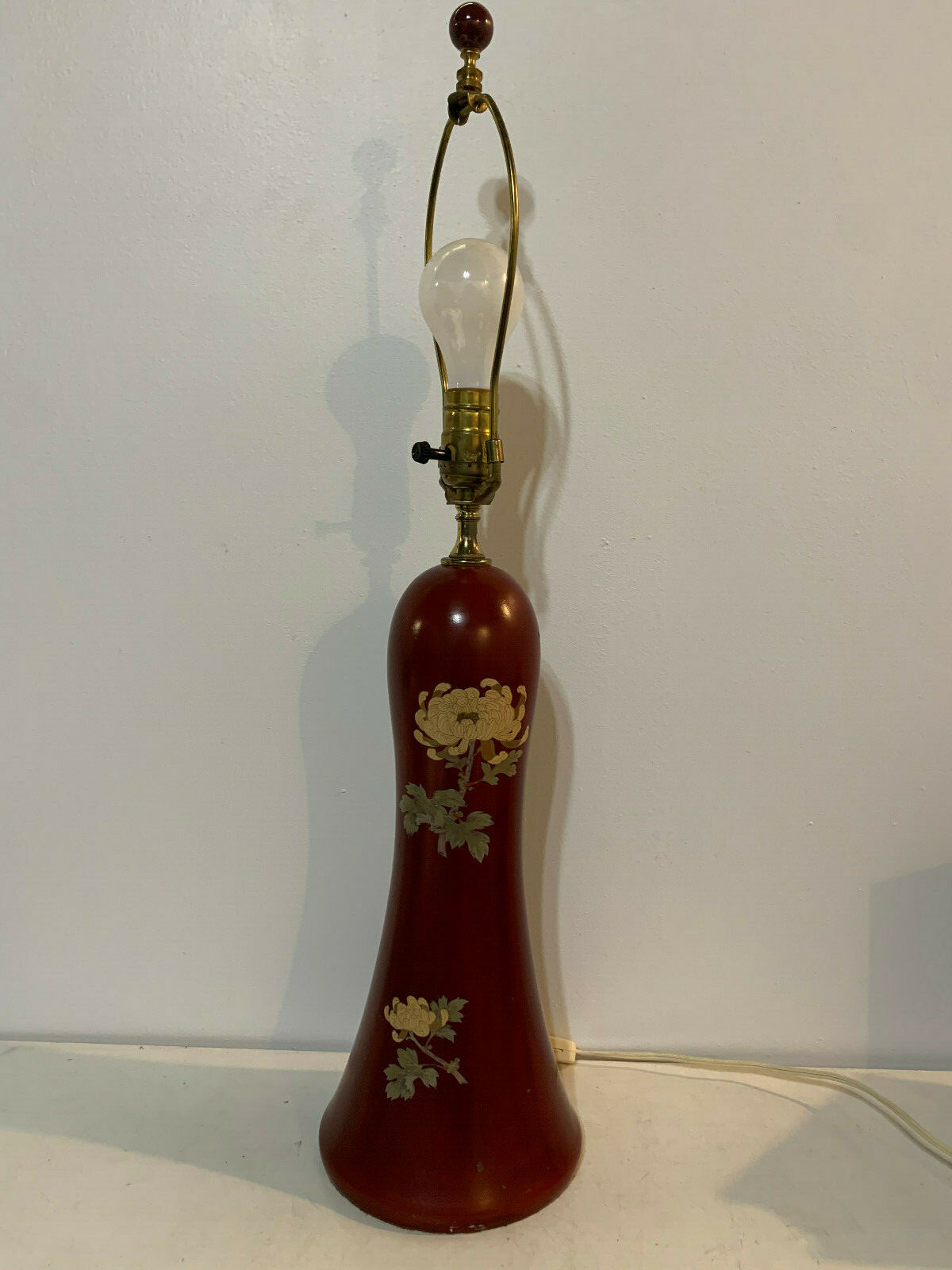 Vintage Chinese or Japanese Red Lacquer Lamp w/ Chrysanthemum Decoration
