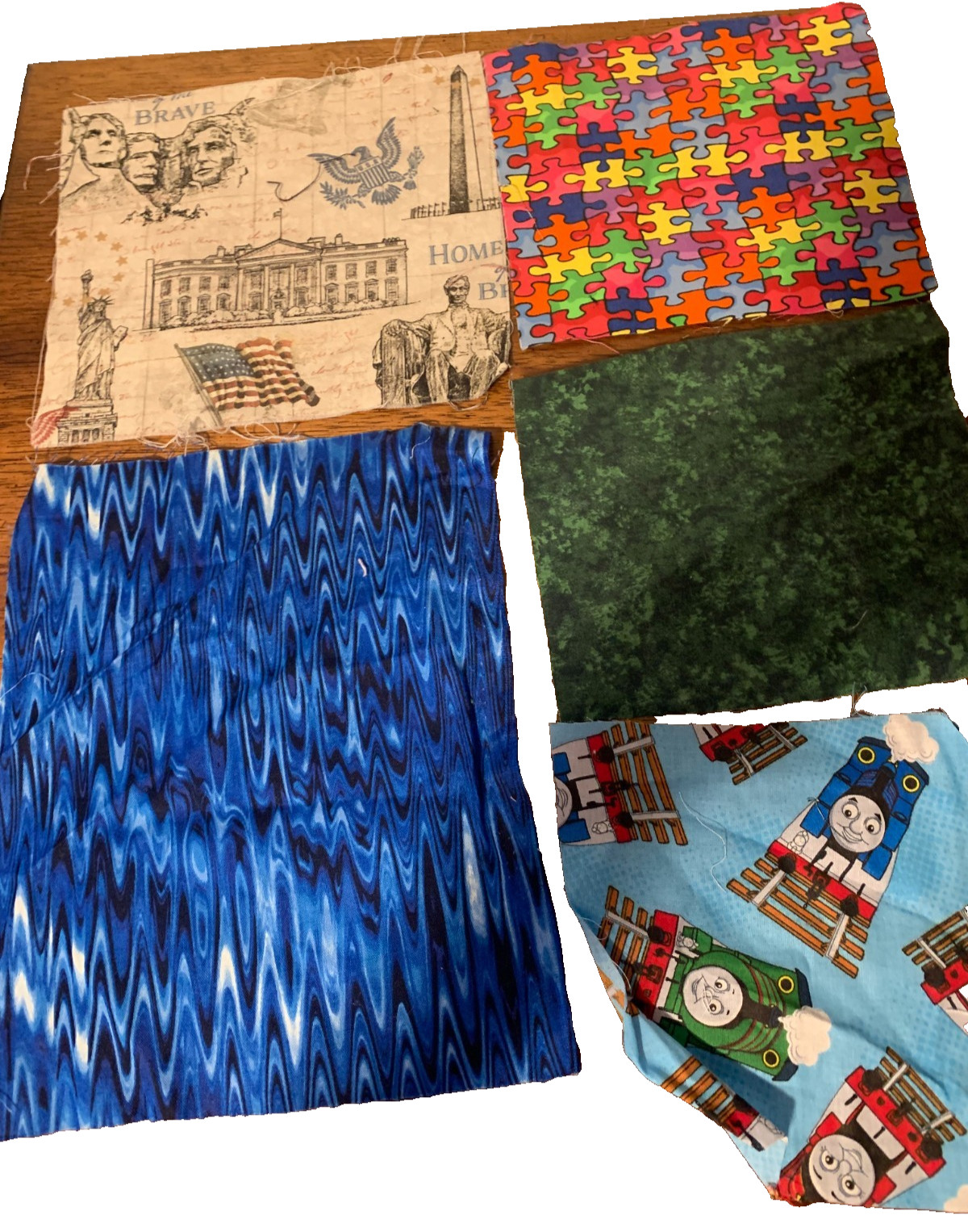 Mix Squares Cotton Fabric Lot of 7, 6.5″ x 7.5″ flag thomas train puzzle camo