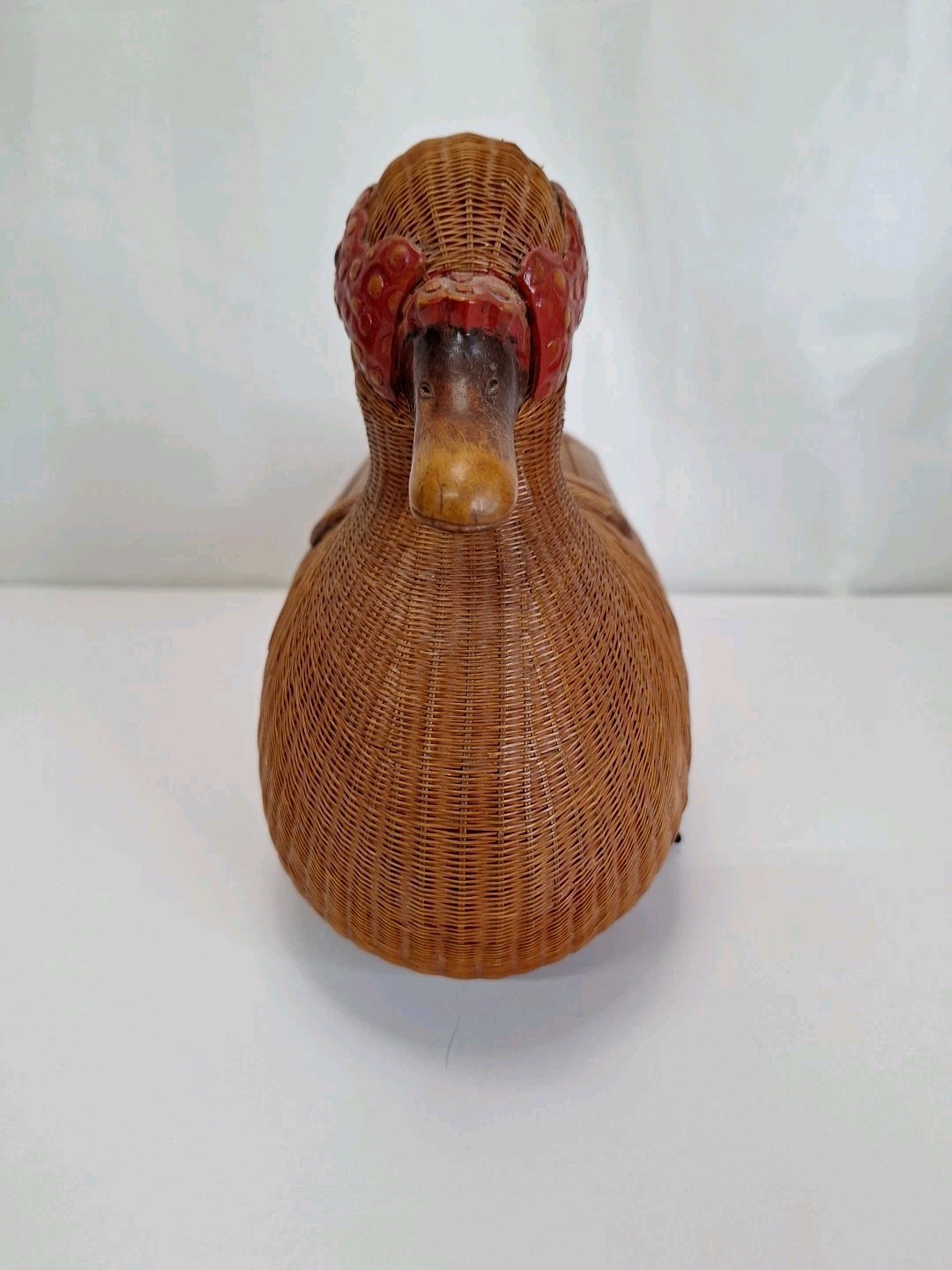Mid Century SHANGHAI HANDICRAFTS WICKER & CARVED WOOD BASKETRY Basket BOX DUCK