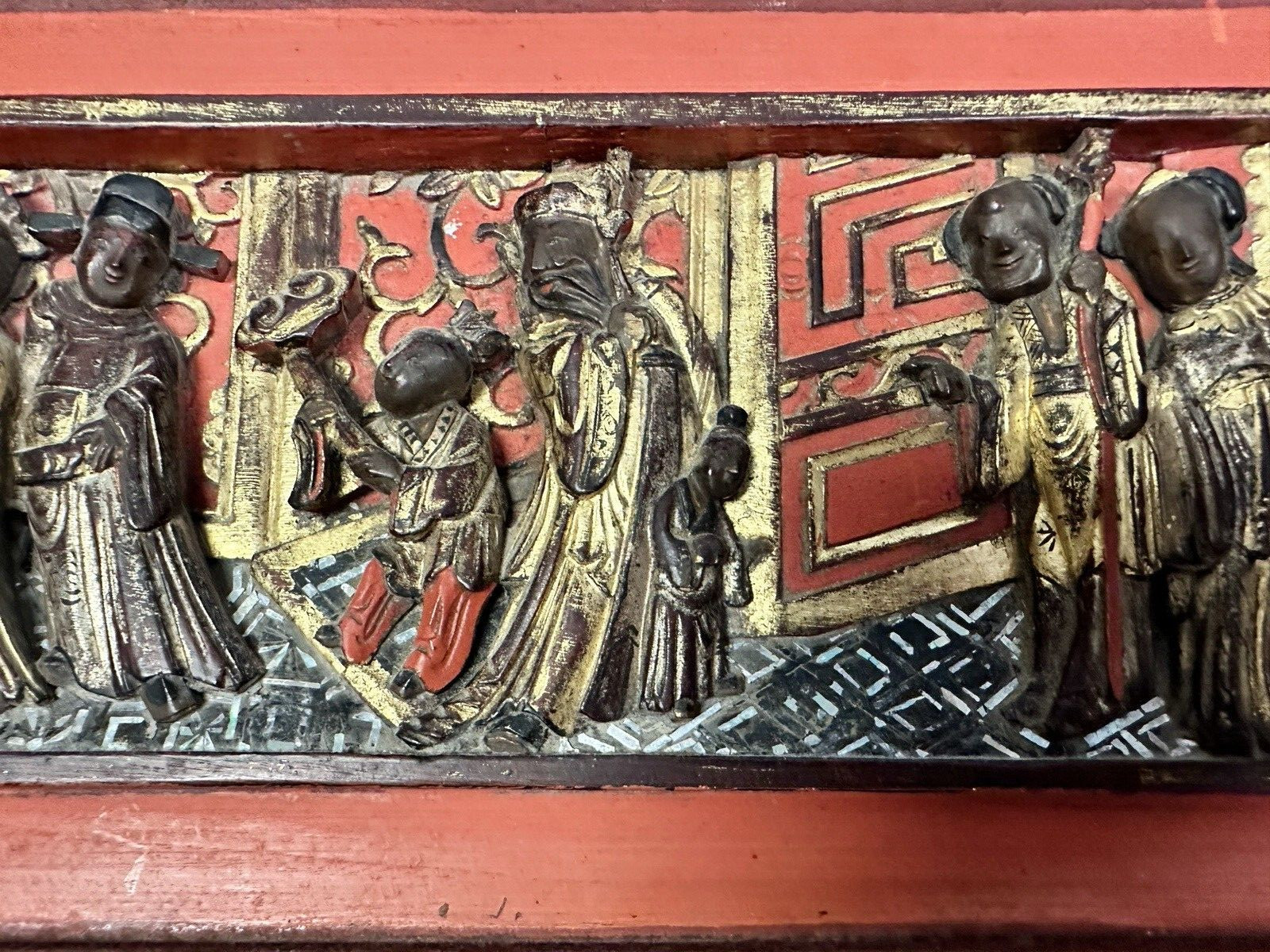 Lot of 5 Asian Chinese Hand Carved Painted Wood Panels Wall Hangings Décor