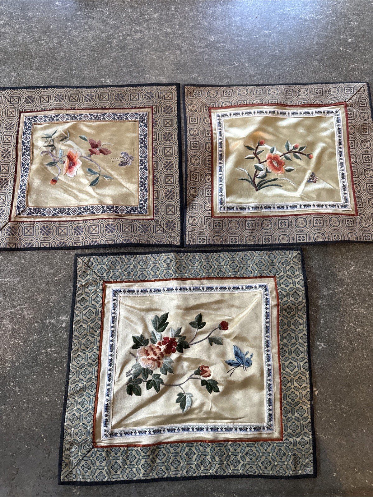 3 Lot Vintage Chinese Silk Embroidery Tapestry Butterfly Flowers Peony Panels