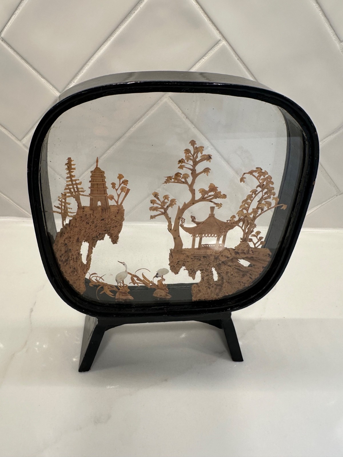 Vintage Chinese Carved Cork Diorama Art Black Lacquer Wood Glass Case Pagoda