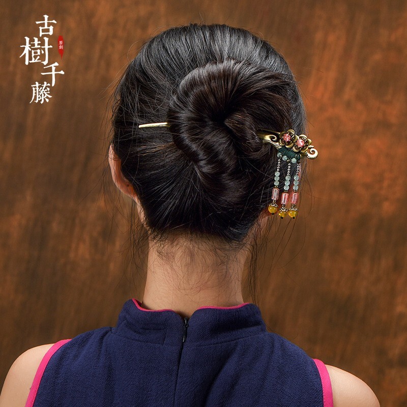 China Dongling Jade/Yellow Agate/Alloy Tassels Tibetan Style Fashion Hairpin