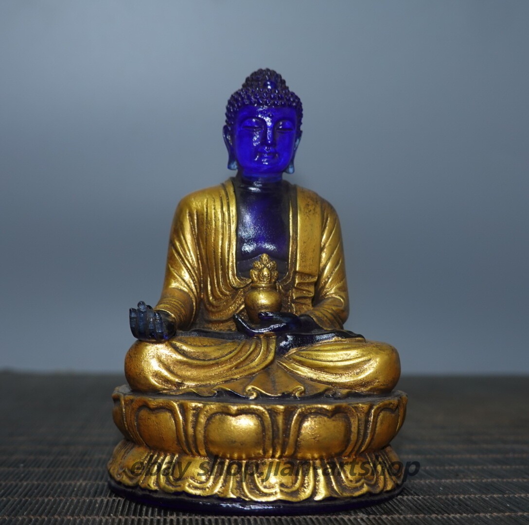 4.7″ Chinese Blue Coloured Glaze Paintings Gild Buddhism Medicine Buddha Statue