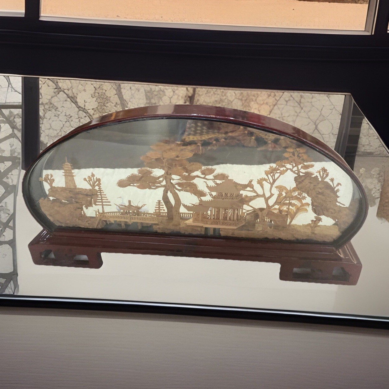 Vintage Large Chinese Cork Art In Glass Box Birds Garden Soothing Scenery 14” L