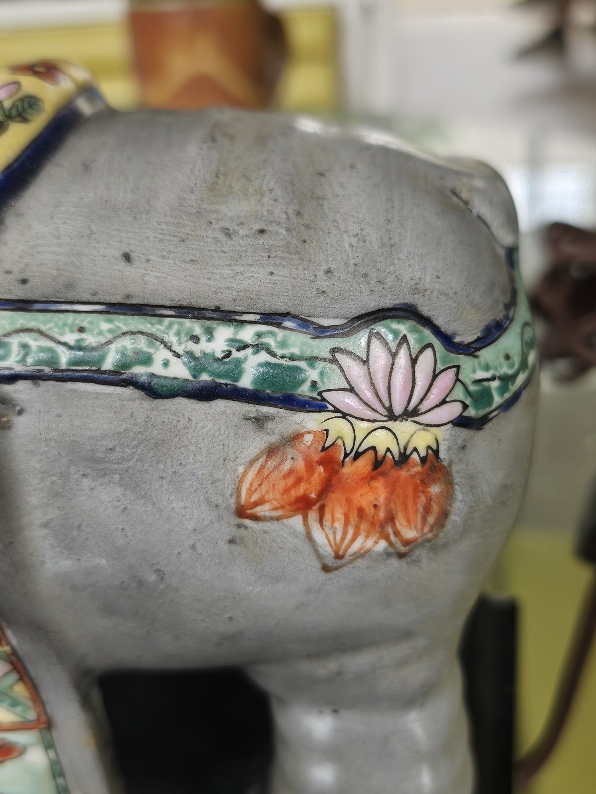 Vintage CHINESE ENAMELED PORCELAIN ELEPHANT WITH A ZUN VASE Turned Lamp