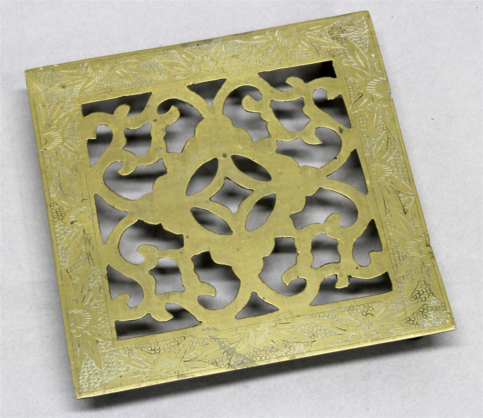 Vintage Chinese SOLID BRASS TRIVET Etched Floral & Stamped Detail 4-3/4″ Square